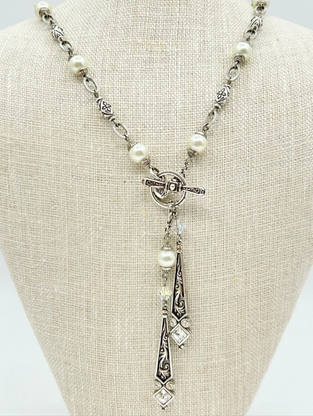 Brighton Zoe Silver Tone Crystal & Pearl Lariat Toggle Necklace